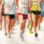 Watercolor illustration of a footrace to use on the promo materials publicising the Illinois Marathon