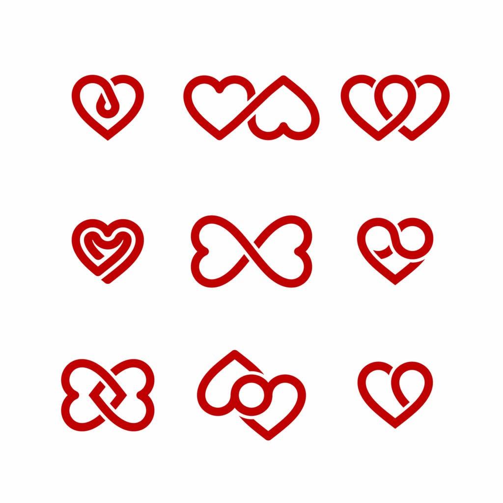 9 logo concepts, hearts to mean love.