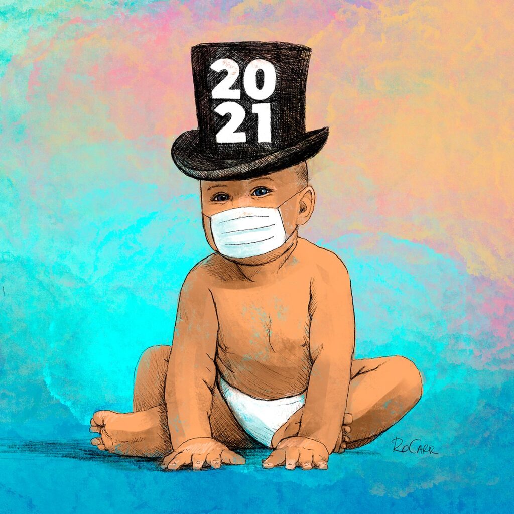 Custom illustration of Baby New Year 2021 in a diaper, top hat, and face mask.