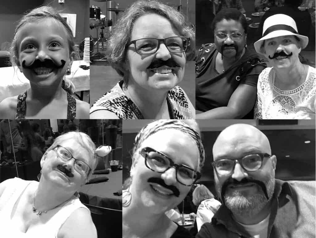 Collage of portraits, party guests wearing fake mustaches.
