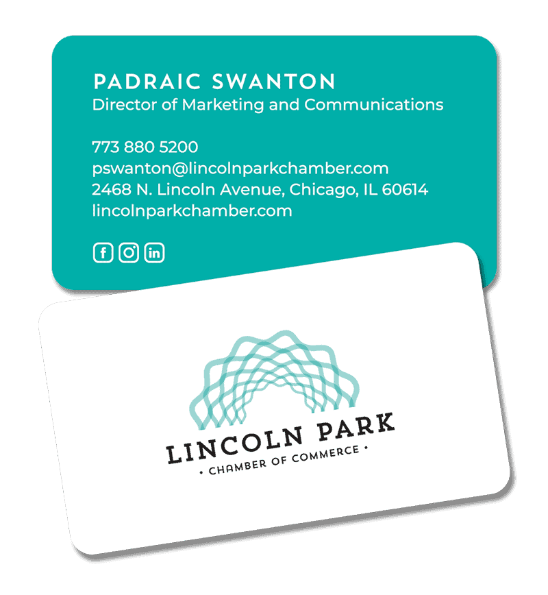 Branding design sample shown on a business card from Lincoln Park Chamber of Commerce.