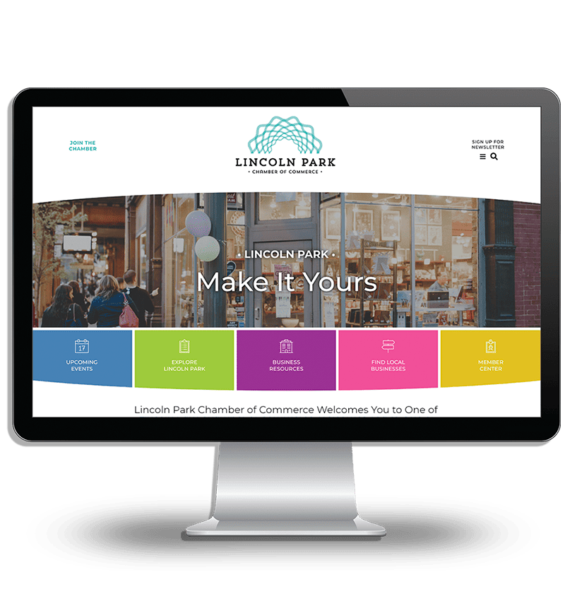 Branding design illustrated through chamber website presented in desktop monitor.