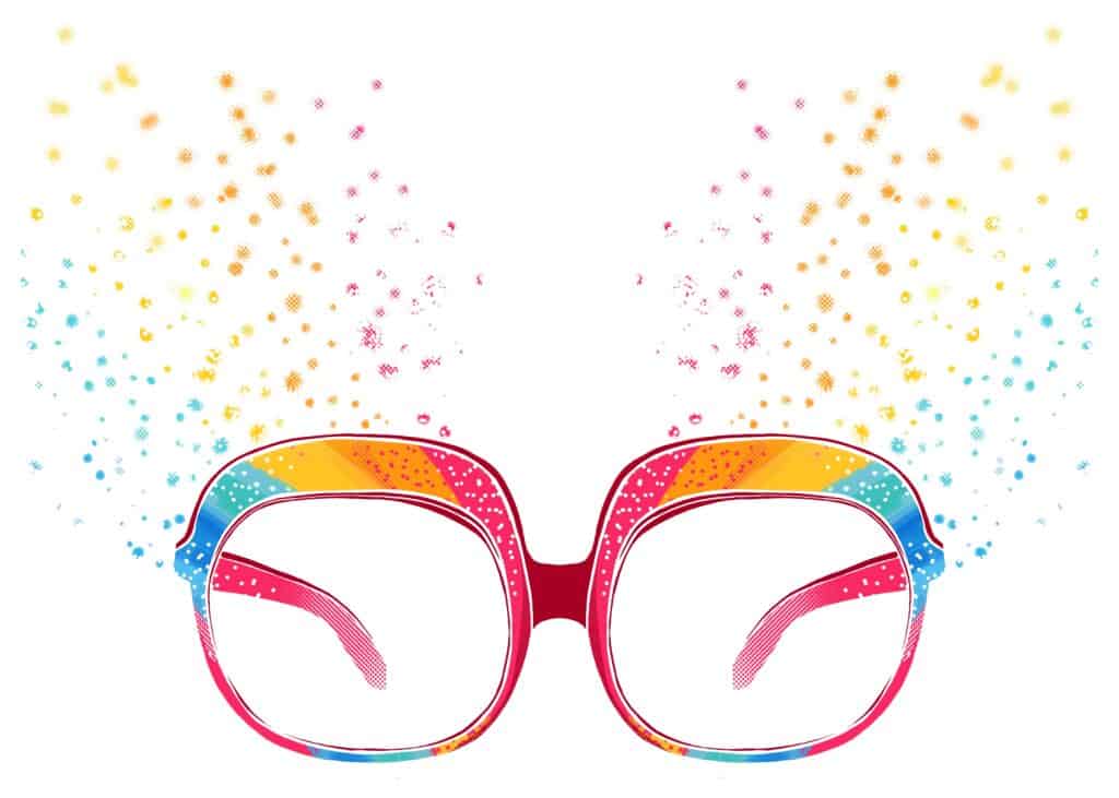 Colorful eyeglasses in style of classic Elton John costumes.