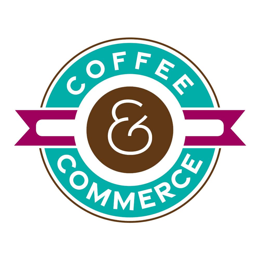 "Coffee & Commerce" logo, in style of Starbucks emblem, in brown, purple and aqua.