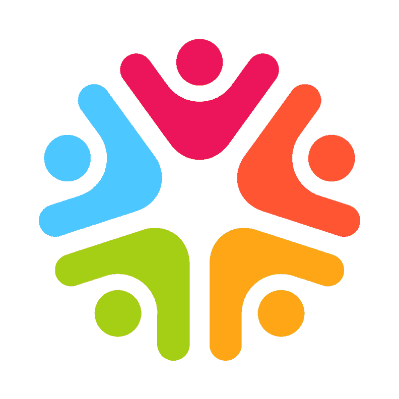 Multicolored logo, six abstract figures arranged in a round shape, a symbol of accessibility.